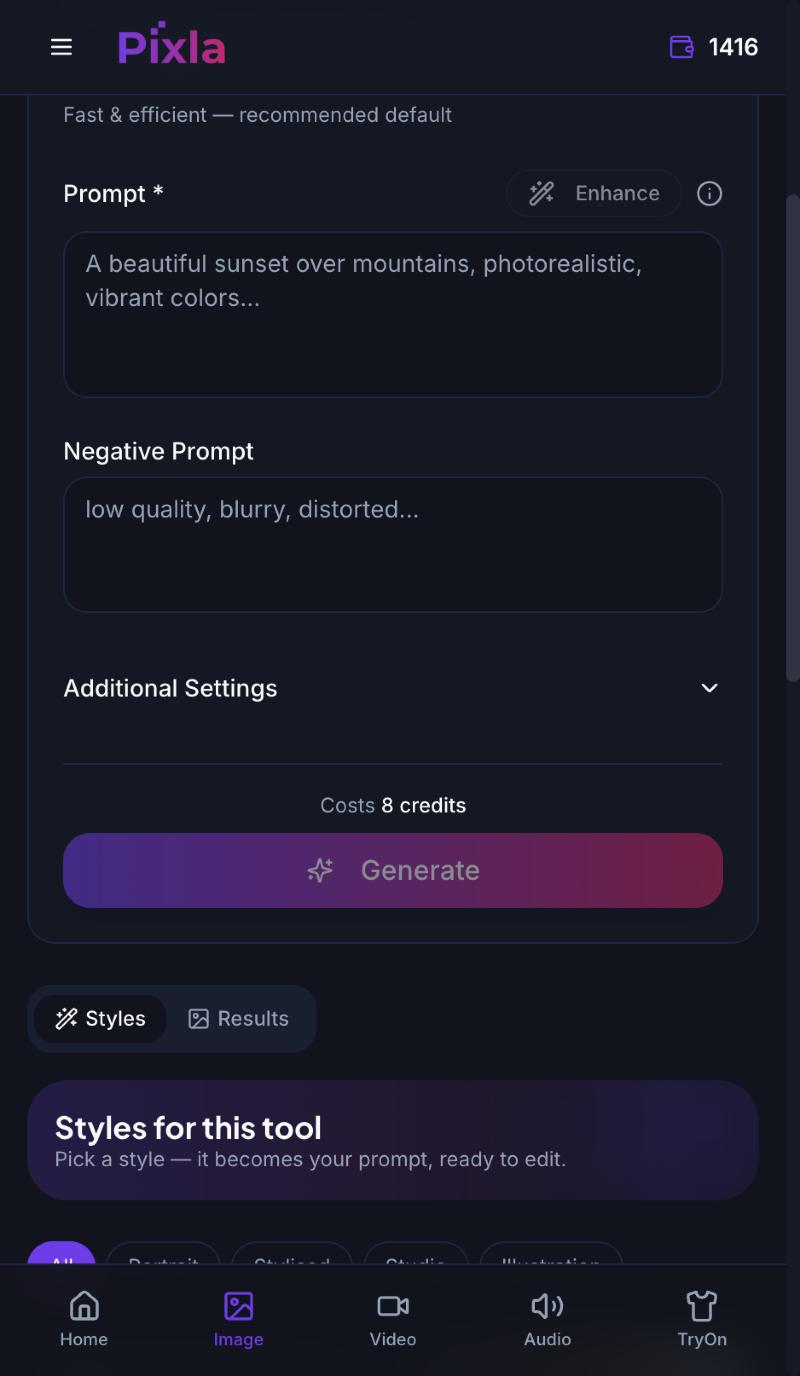 The credit cost shown above the Generate button, with the Styles and Results tabs below it