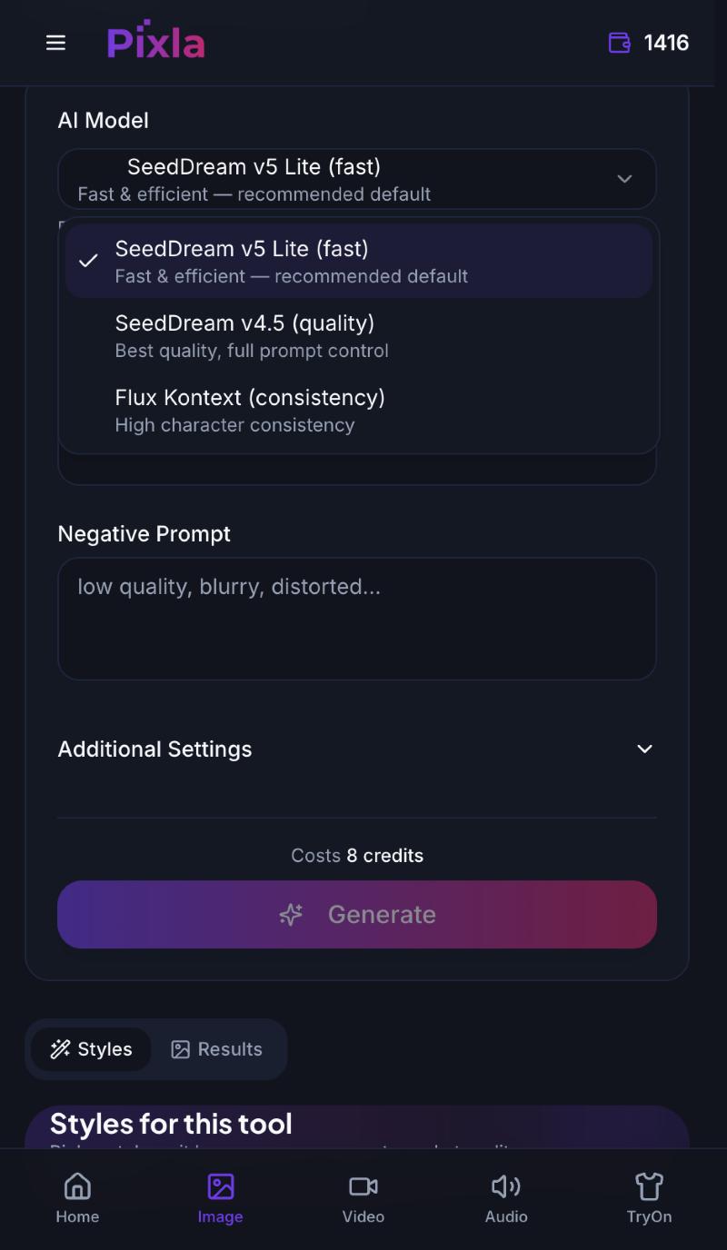 The AI Model dropdown open, showing SeedDream v5 Lite marked fast, SeedDream v4.5 marked quality, and Flux Kontext marked consistency