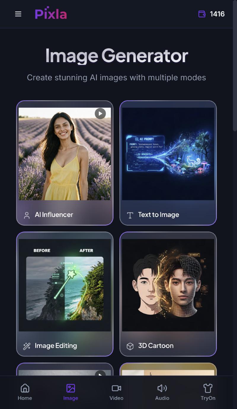 The Image Generator mode screen showing AI Influencer, Text to Image, Image Editing and 3D Cartoon tiles