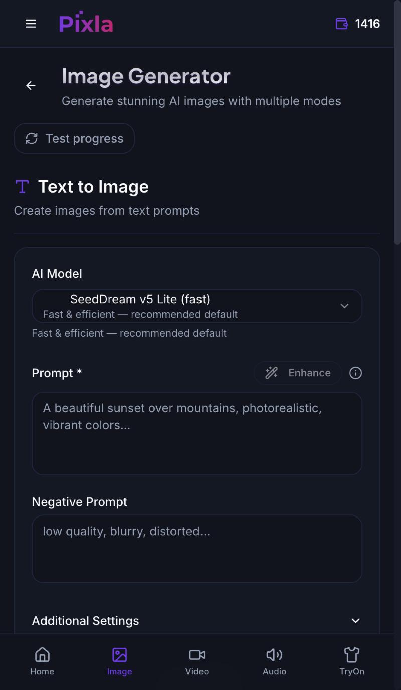 The Text to Image form showing the AI Model selector, the Prompt field with an Enhance button, and the Negative Prompt field