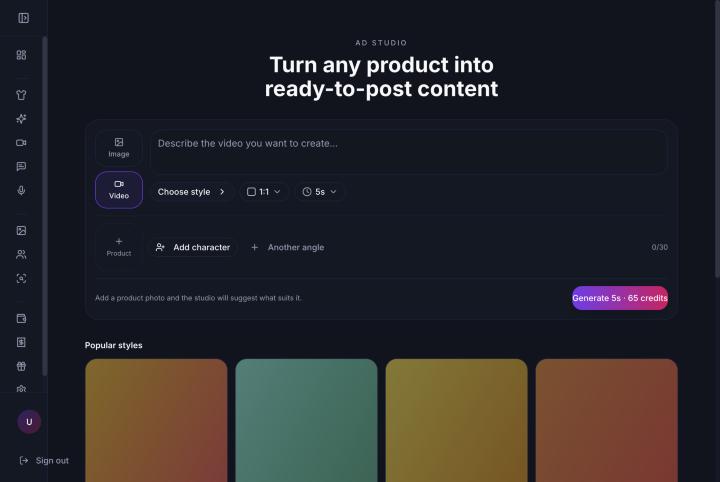 Ad Studio in video mode with a duration selector from 4 to 12 seconds, where 5 seconds is labelled feed default and 8 seconds room for a beat