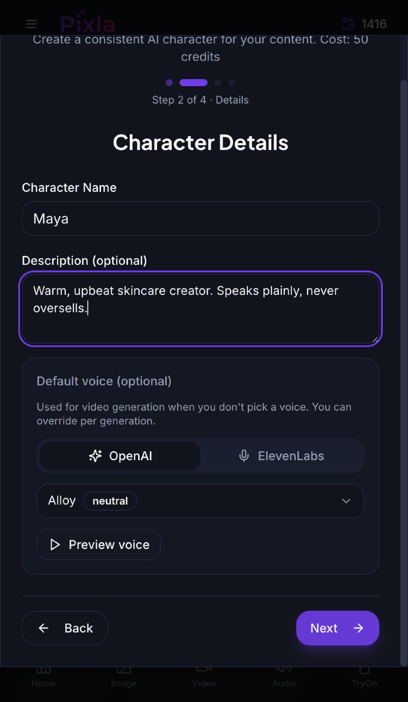 Step 2 of the wizard with the character name Maya, a personality description, and a default voice picker offering OpenAI and ElevenLabs options with a preview button