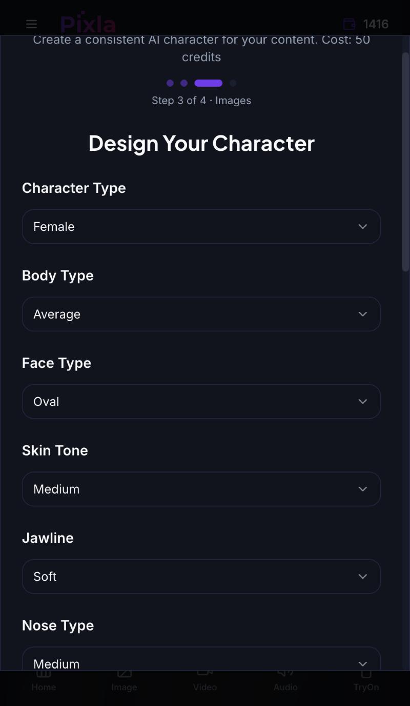 Step 3 of the wizard, Design Your Character, with dropdowns for character type, body type, face type, skin tone, jawline and nose type