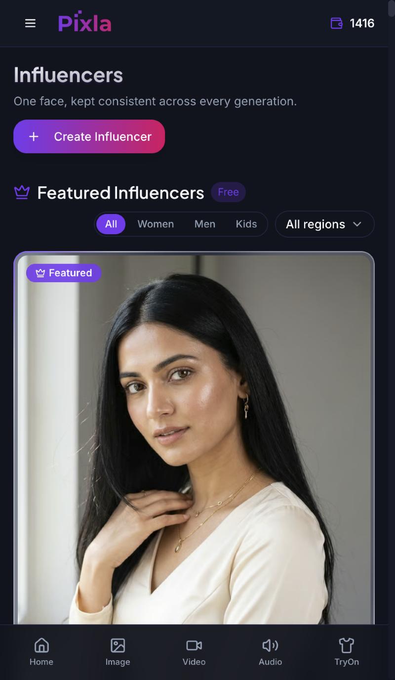 The Pixla Influencers page showing the Create Influencer button and the free Featured Influencers library filtered by women, men, kids and region