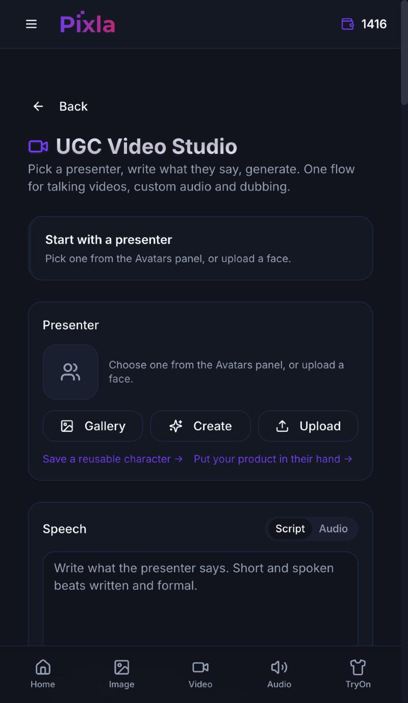 UGC Video Studio showing the Presenter panel with Gallery, Create and Upload options, and a Speech section toggling between Script and Audio